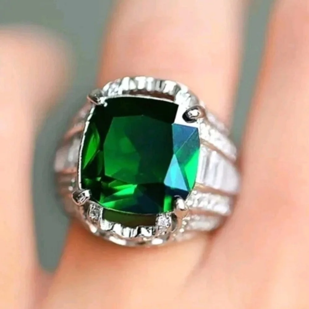 5Ct Cushion Lab Created Emerald Solitaire Engagement Ring 14K White Gold Plated